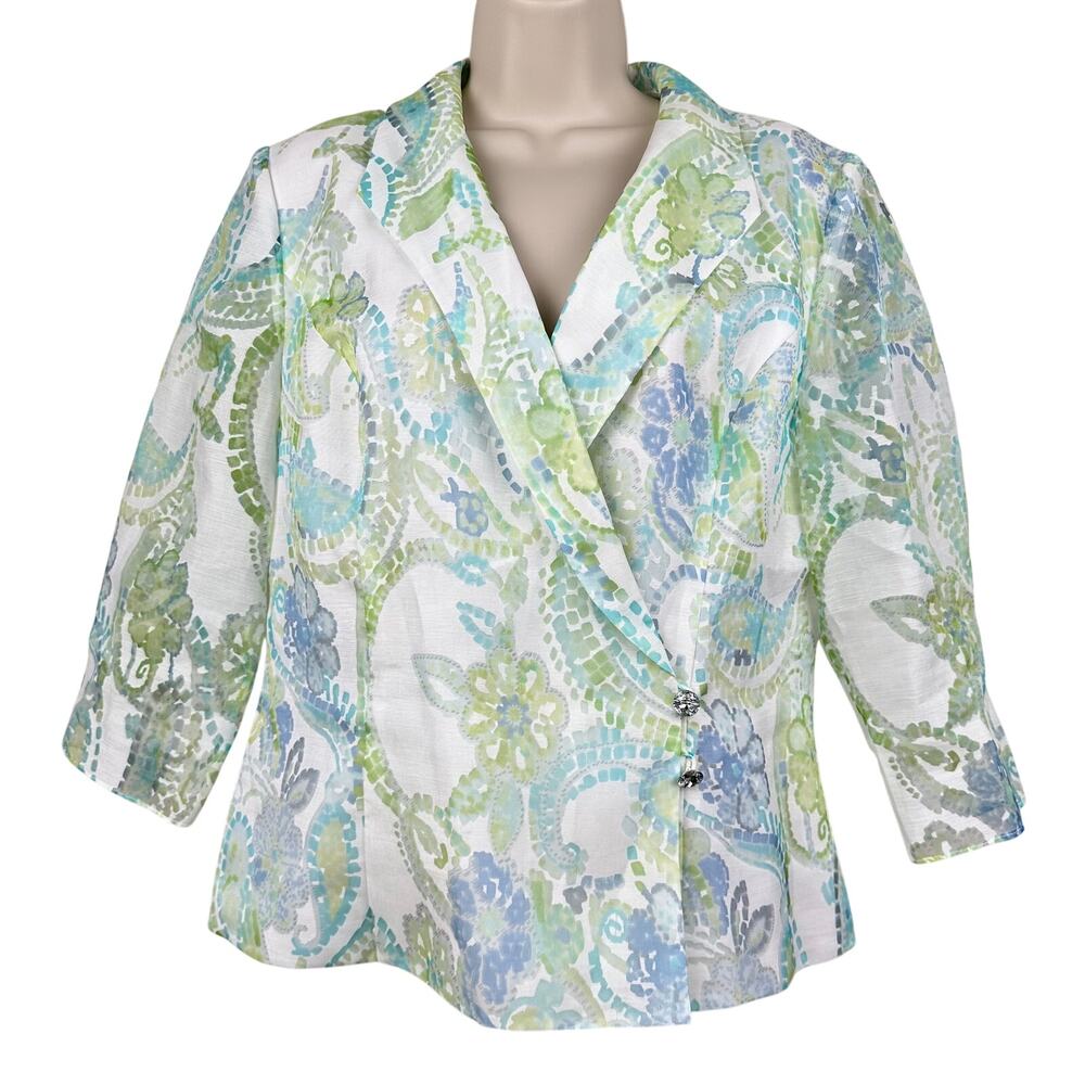 Alex Evenings Jacket Gem Buttons Shawl Collar 3/4 Sleeve Paisley White Green Lg